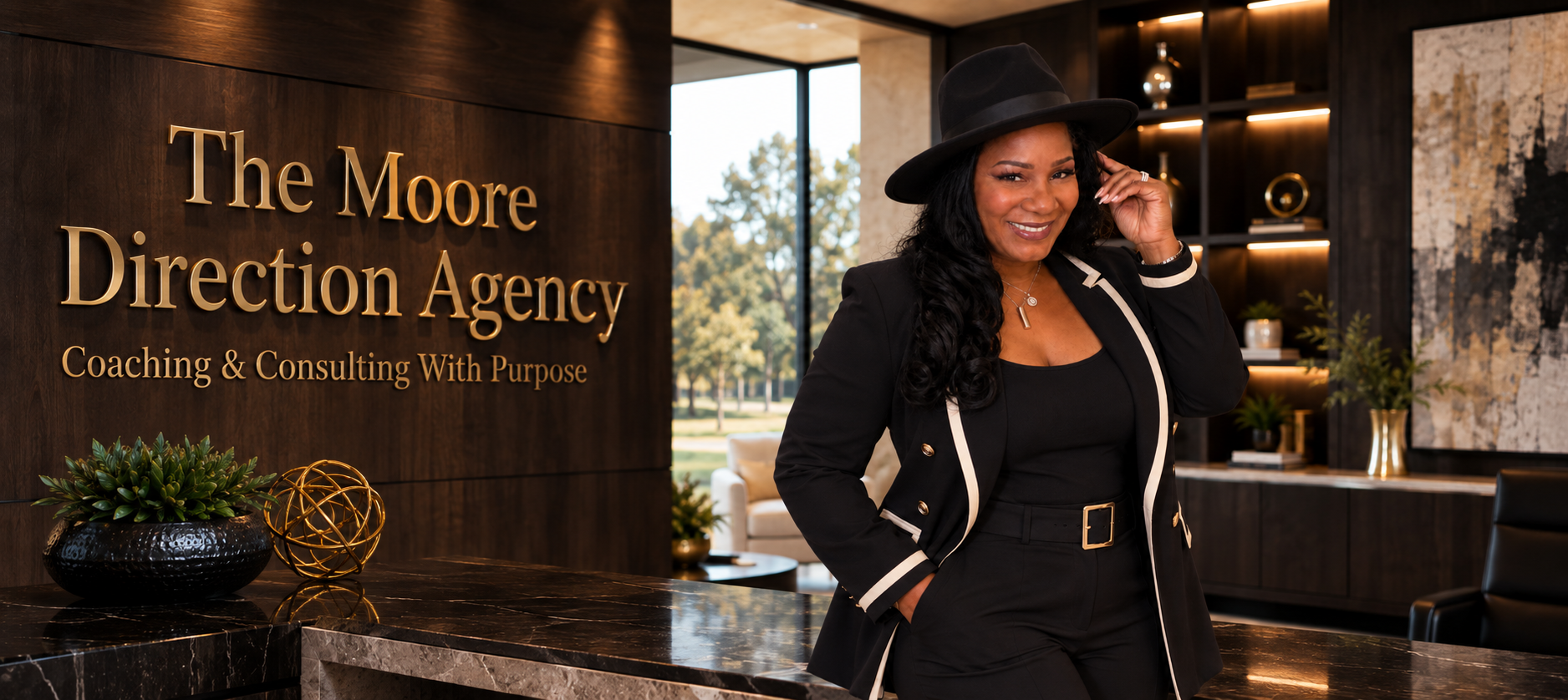 Dr. S. Marie Moore in a black suit and hat in The Moore Direction Agency lobby