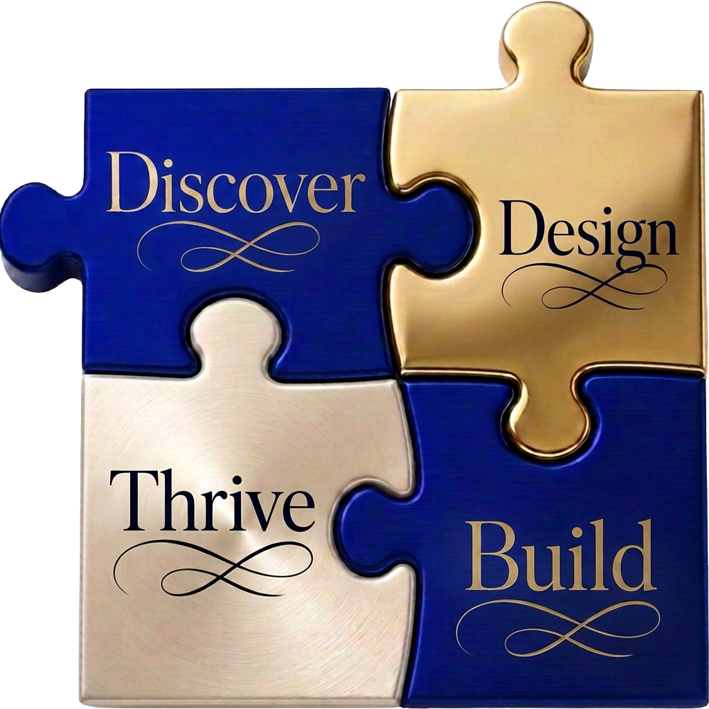 The Method — four interlocking puzzle pieces reading Discover, Design, Build, Thrive